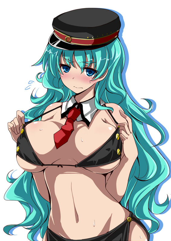 1girl, aqua_hair, bikini, bikini_top, black_bikini, blue_eyes, blush, breasts