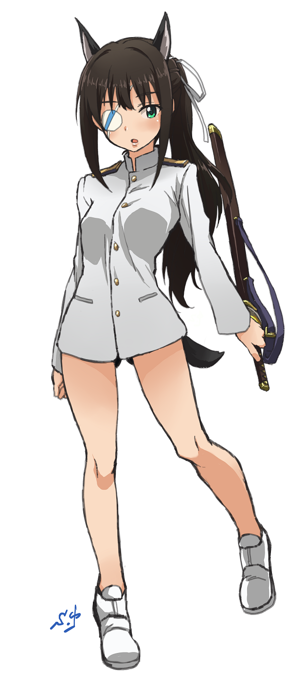 1girl, animal_ears, black_hair, cosplay, eyepatch, green_eyes, highres, idolmaster