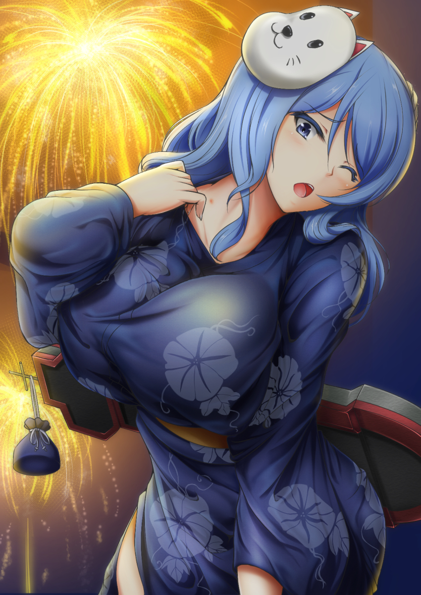 1girl, blue_eyes, bol_(liliymimi), breasts, bug_bite, fireworks, huge_breasts, japanese_clothes