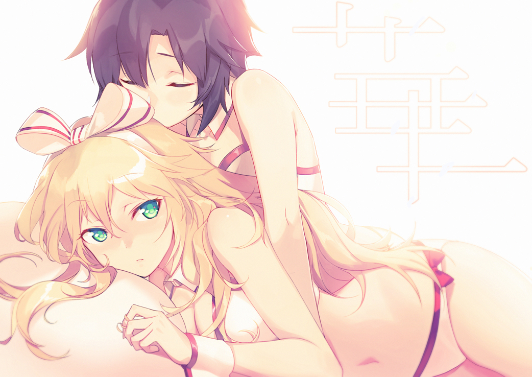 2girls, black_hair, blonde_hair, closed_eyes, green_eyes, hair_ribbon, hoshii_miki, idolmaster
