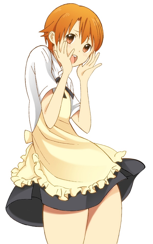 1girl, apron, brown_eyes, brown_hair, inami_mahiru, koube, short_hair, standing