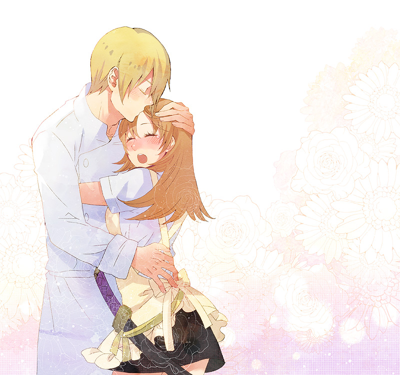 1boy, 1girl, apron, blonde_hair, closed_eyes, couple, forehead_kiss, hug