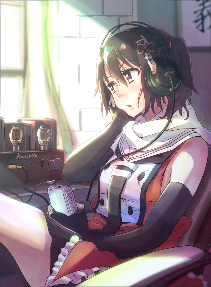 1girl, brown_eyes, brown_hair, casino_(pixiv468133), cassette_player, elbow_gloves, gloves, hair_ornament