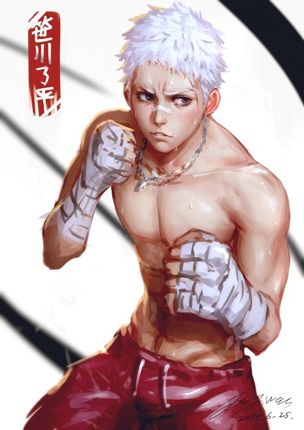 1boy, bandage_on_face, bandaged_hands, blurry, boxing_shorts, character_name, clenched_hands, dated