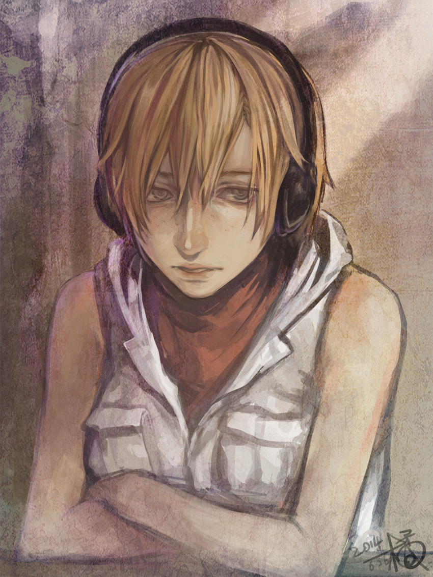 1girl, absurdres, blonde_hair, dated, fan_ju, freckles, grey_eyes, headphones
