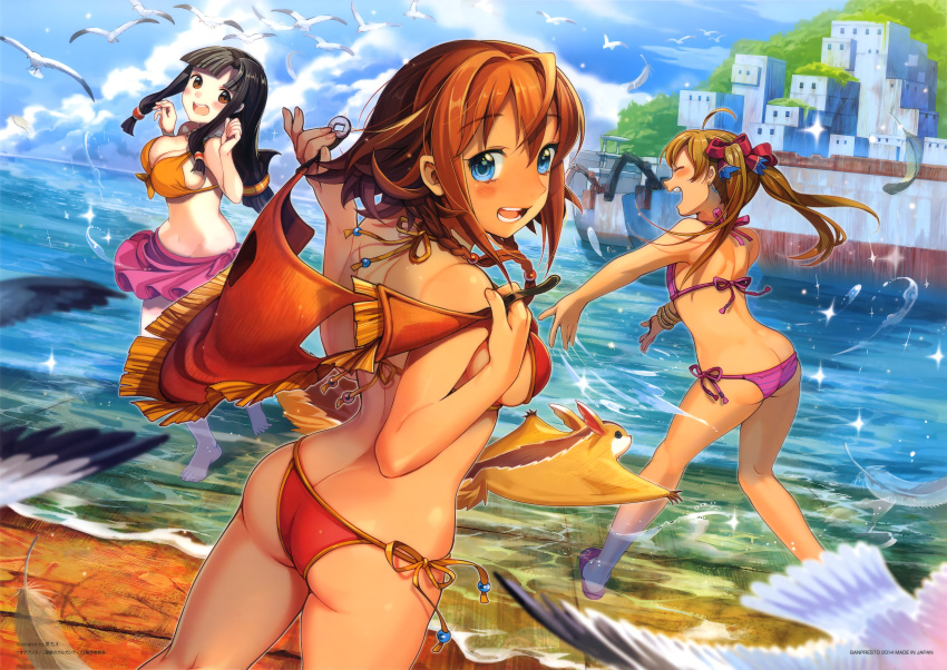 3girls, :d, absurdres, amy_(suisei_no_gargantia), ass, bangs, barefoot, bikini, bird, black_hair, blue_eyes, blue_sky, blunt_bangs, blush, bow, bracelet, braid, breasts, brown_eyes, brown_hair, butt_crack, chachie, cleavage, feathers, flat_chest, from_behind, front-tie_top, hair_bow, highres, jewelry, large_breasts, long_hair, looking_at_viewer, looking_back, low-tied_long_hair, melty_(suisei_no_gargantia), multiple_girls, navel, ocean, open_mouth, outdoors, purple_bikini, red_bikini, saaya_(suisei_no_gargantia), sarong, seagull, side-tie_bikini, sky, smile, sparkle, splashing, squirrel, striped, striped_bikini, striped_swimsuit, suisei_no_gargantia, swimsuit, twin_braids, twintails, wading