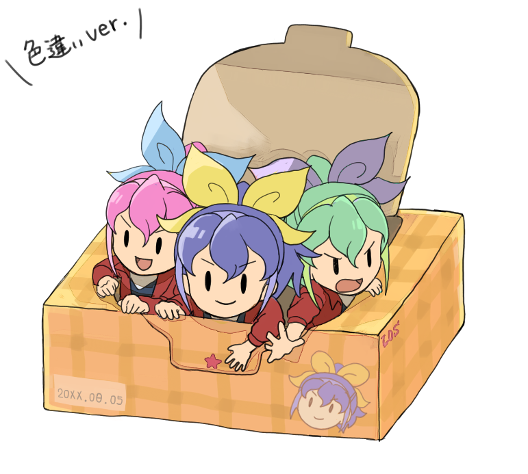 >:), >:d, 3girls, :d, alternate_color, blue_hair, bow, chibi, clone, fujie_(coffy-pot6), green_hair, hair_bow, jacket, minigirl, multicolored_hair, multiple_girls, open_mouth, pink_hair, ponytail, serena_(yuu-gi-ou_arc-v), smile, tissue_box, two-tone_hair, yuu-gi-ou, yuu-gi-ou_arc-v