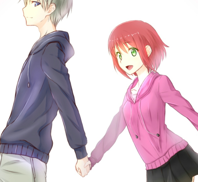 1boy, 1girl, :d, akagami_no_shirayukihime, blue_eyes, contemporary, green_eyes, grey_hair