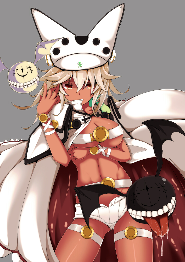1girl, belt, beltbra, blonde_hair, cloak, dark_skin, guilty_gear, guilty_gear_xrd