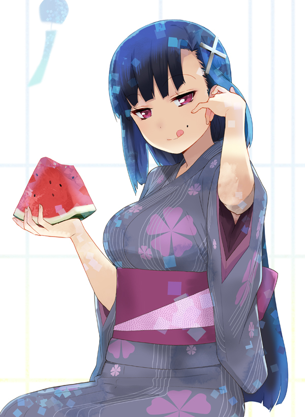 1girl, :q, cross_hair_ornament, food, food_on_face, fruit, hair_ornament, hair_tucking