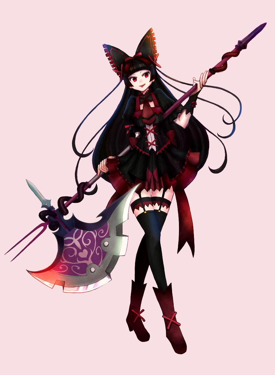 1girl, axe, black_hair, black_legwear, garter_straps, gate_-_jieitai_ka_no_chi_nite_kaku_tatakaeri, hair_ribbon, highres, long_hair, rabihiko, red_eyes, ribbon, rory_mercury, smile, thigh-highs, weapon