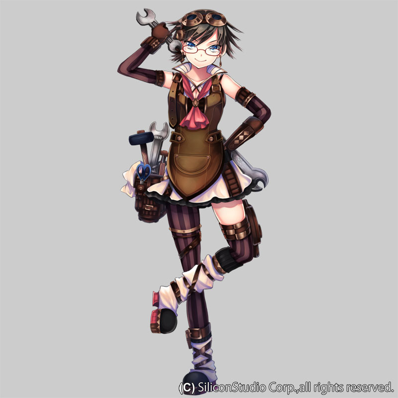 1girl, apron, black_hair, blue_eyes, boots, detached_sleeves, dress, glasses
