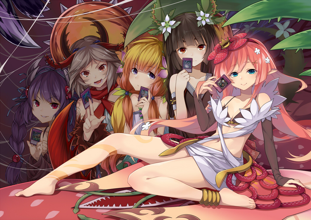 5girls, barefoot, card, duel_monster, frostcyco, holding, holding_card, legs