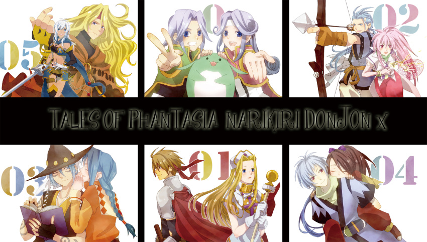 6+boys, 6+girls, akimo_(cb21), arche_klein, arrow, blonde_hair, blue_eyes, blue_hair