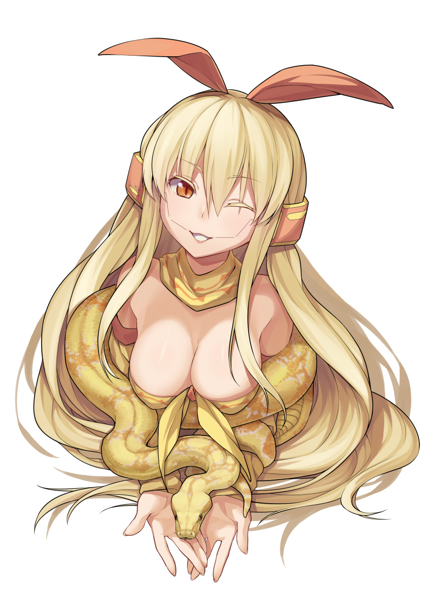1girl, absurdres, blonde_hair, boa_constrictor, breasts, cleavage, detached_sleeves, frostcyco