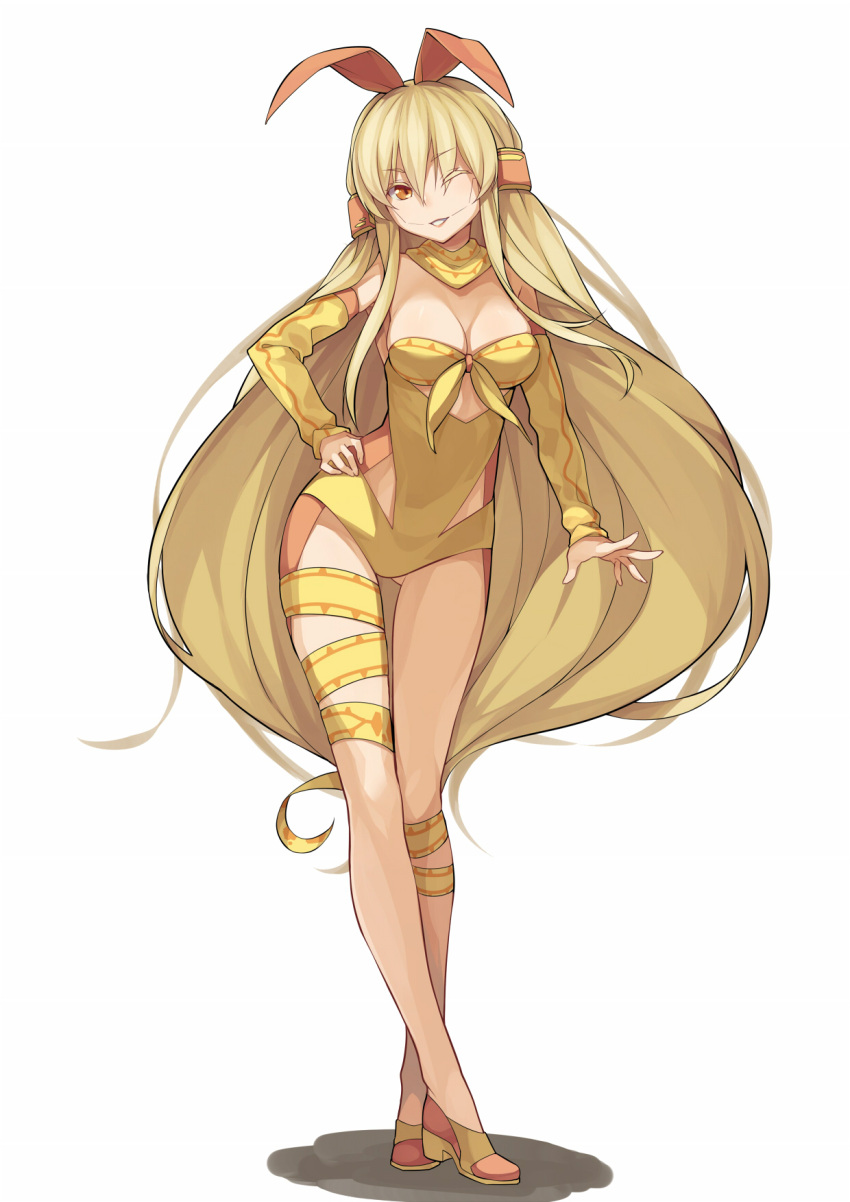 1girl, blonde_hair, boa_constrictor, breasts, cleavage, contrapposto, detached_sleeves, frostcyco, full_body, hair_tubes, hand_on_hip, highres, leotard, long_hair, one_eye_closed, orange_eyes, original, parted_lips, personification, smile, snake, solo, very_long_hair