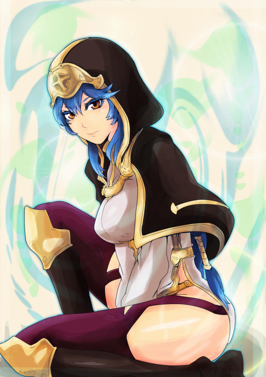 1girl, alisa_(sennen_sensou_aigis), black_legwear, blue_hair, brown_eyes, cape, highres, hirome99, hood, kneeling, looking_at_viewer, sennen_sensou_aigis, solo