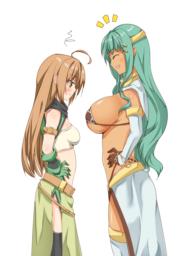 2girls, ^_^, ^o^, ahoge, bare_shoulders, black_legwear, blue_hair, breast_envy