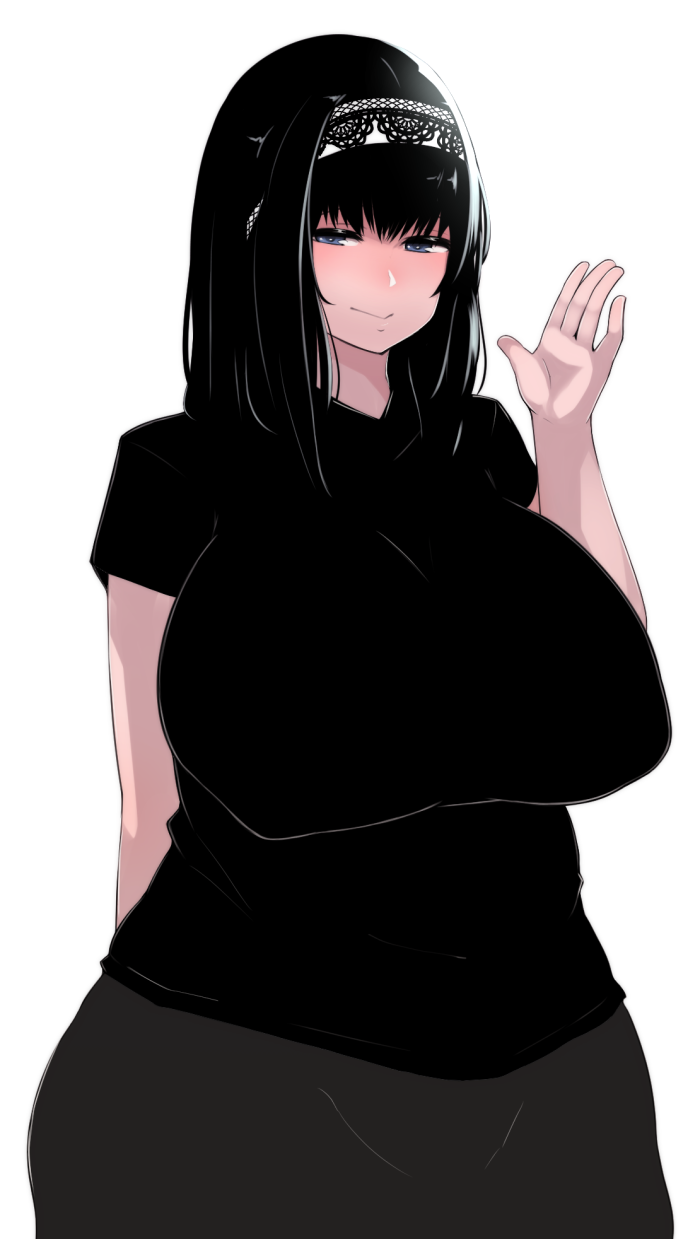 1girl, black_eyes, black_hair, breasts, highres, huge_breasts, idolmaster, idolmaster_cinderella_girls, long_hair, looking_at_viewer, oozon_(ozon), sagisawa_fumika, simple_background, smile, solo, white_background, wide_hips