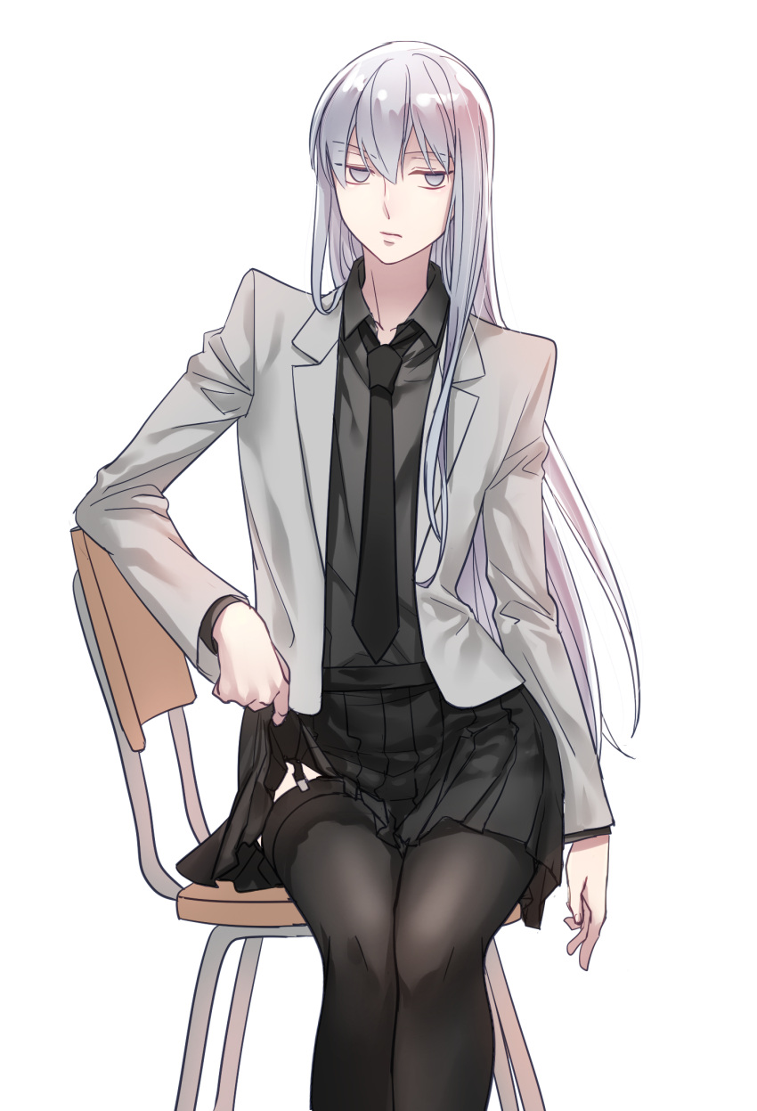 1girl, aken, black_legwear, chair, classroom, garter_straps, genderswap, grey_eyes, highres, kuroko_no_basuke, long_hair, mayuzumi_chihiro, necktie, school_uniform, silver_hair, simple_background, sitting, skirt, skirt_lift, solo, thigh-highs, white_background