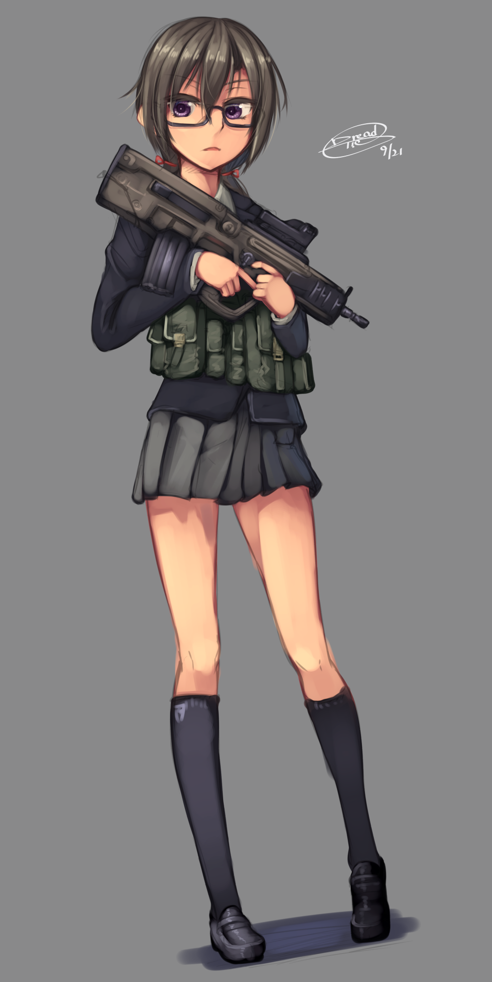 1girl, assault_rifle, black_hair, bullpup, dreadtie, glasses, gun, highres