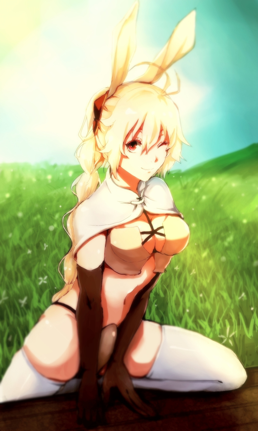 1girl, absurdres, ahoge, animal_ears, attack_(artist), blonde_hair, braid, breasts, cleavage, hair_ornament, highres, large_breasts, long_hair, looking_at_viewer, midriff, nachetanya_loei_piena_augustra, nature, navel, one_eye_closed, rabbit_ears, red_eyes, rokka_no_yuusha, smile, solo, thigh-highs, white_legwear