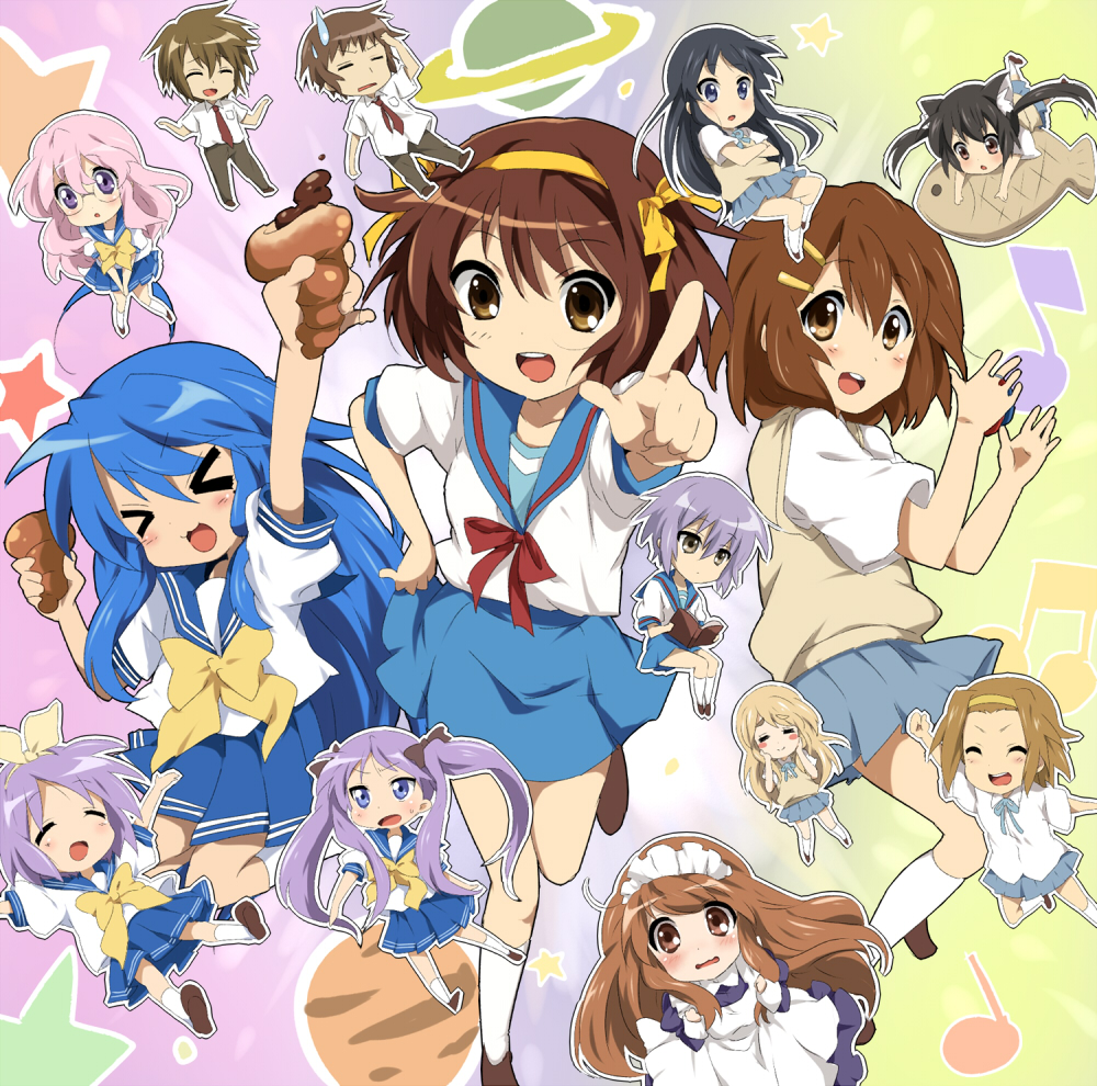 6+girls, akiyama_mio, animal_ears, asahina_mikuru, bad_id, black_hair, blue_eyes, blue_hair, blush, book, brown_eyes, brown_hair, cat_ears, chibi, chocolate_cornet, closed_eyes, crossover, everyone, fish, food, glasses, hair_ornament, hairband, hairclip, hiiragi_kagami, hiiragi_tsukasa, hirasawa_yui, izumi_konata, k-on!, kneehighs, koizumi_itsuki, kotobuki_tsumugi, kyon, long_hair, lucky_star, maid, maruki_(punchiki), multiple_girls, musical_note, nagato_yuki, nakano_azusa, necktie, planet, pointing, purple_eyes, purple_hair, school_uniform, serafuku, short_hair, skirt, socks, star, suzumiya_haruhi, suzumiya_haruhi_no_yuuutsu, sweatdrop, tainaka_ritsu, taiyaki, takara_miyuki, takoyaki, twintails, violet_eyes, wagashi
