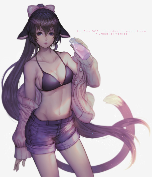 1girl, alumina_(vaniraa), animal_ears, bare_shoulders, bikini_top, black_bikini_top, black_hair, borrowed_character, bottle, bow, breasts, buttons, cat_ears, cat_tail, character_name, cleavage, collarbone, denim, denim_shorts, glass_bottle, hair_between_eyes, hair_bow, hips, jacket, legs, long_hair, open_clothes, open_jacket, original, parka, parted_lips, ponytail, purple_hair, shorts, sideboob, simple_background, slapmyface, strawberry_milk, tail, very_long_hair, watermark, web_address, white_background