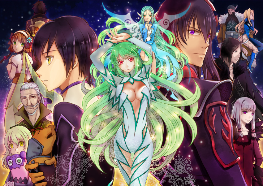 6+boys, 6+girls, agria_(tales), alvin_(tales), arms_up, beard, black_hair, blonde_hair