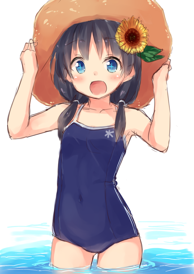 +_+, 1girl, :d, black_hair, blue_eyes, covered_navel, enjin-san_(ekon), flower