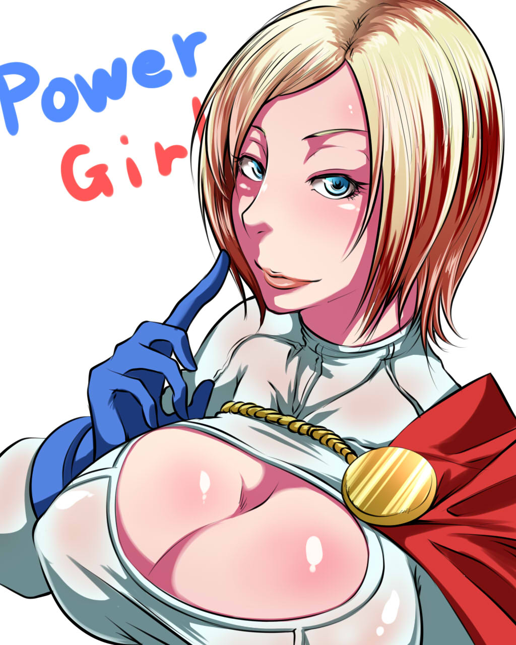 1girl, blonde_hair, blue_eyes, breasts, character_name, cleavage, cleavage_cutout, dc_comics, finger_to_face, gloves, highres, kanta_(k_n_t_r_o), large_breasts, lips, looking_at_viewer, pointing, pointing_up, power_girl, short_hair, simple_background, smile, solo, white_background
