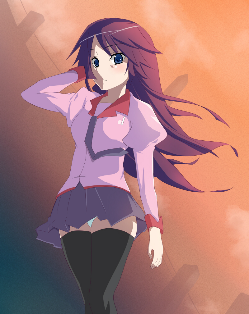 blue_eyes, blush, long_hair, monogatari_(series), necktie, panties, pantyshot, purple_hair