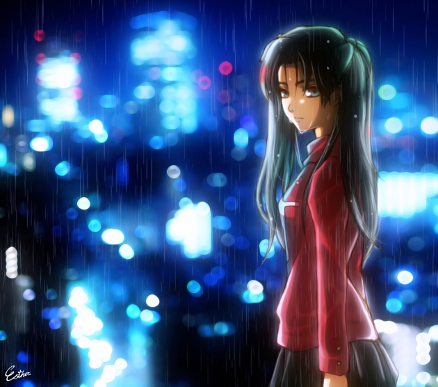 artist_name, black_hair, black_skirt, blue_eyes, city, city_lights, esther, fate/stay_night