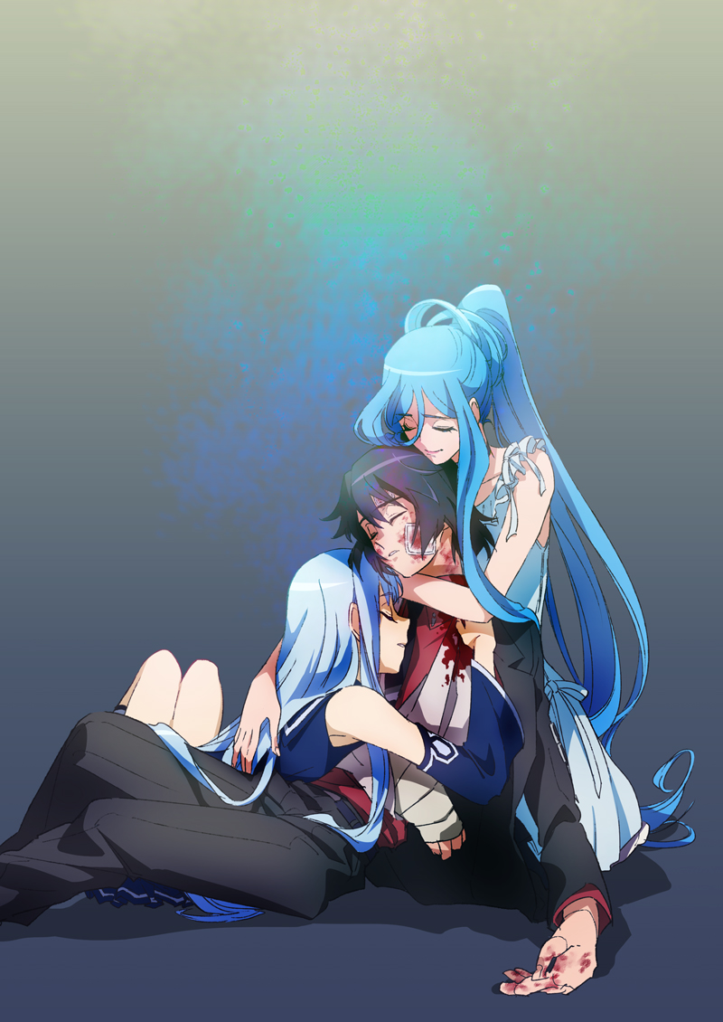 1boy, 2girls, aoki_hagane_no_arpeggio, black_hair, blood, blue_hair, chihaya_gunzou, closed_eyes