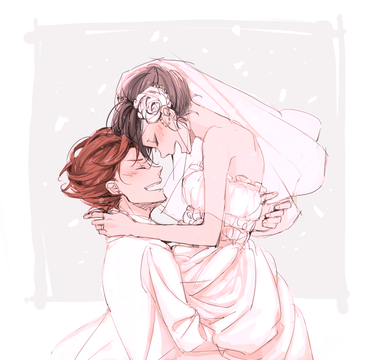 1boy, 1girl, black_hair, bridal_veil, brown_hair, carrying, closed_eyes, couple