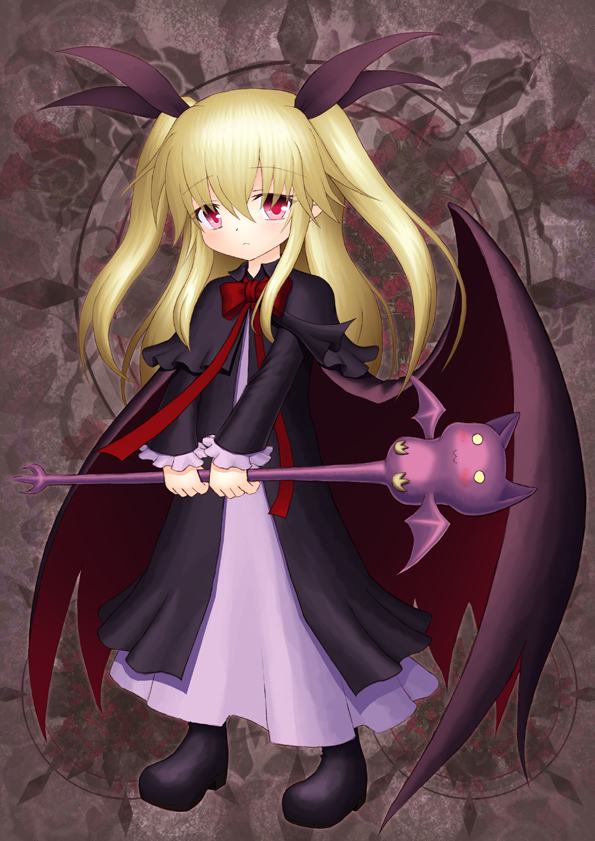 1girl, blonde_hair, bow, cape, capelet, dress, expressionless, frilled_sleeves