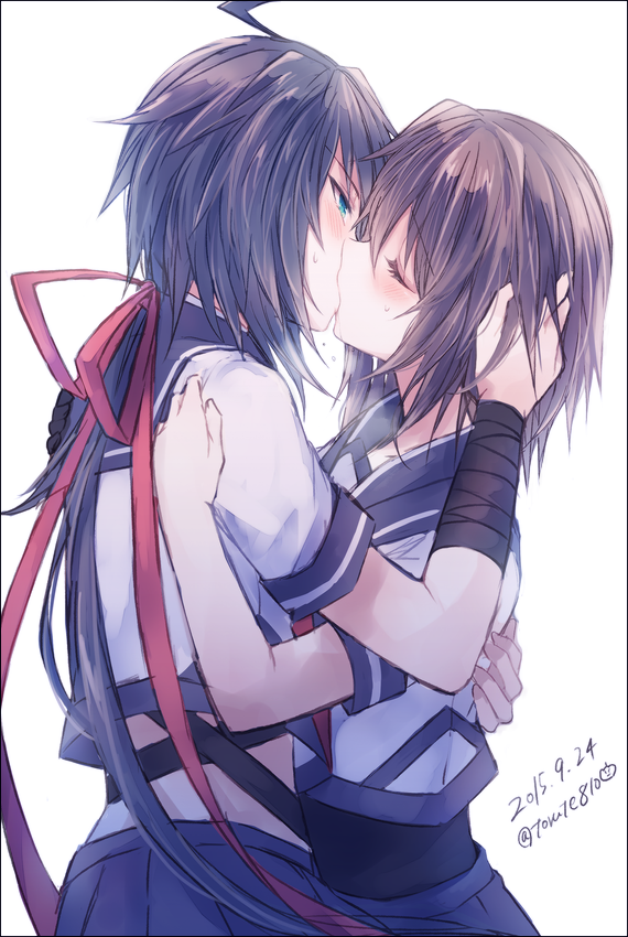 2015, 2girls, ahoge, aqua_eyes, bangs, black_hair, bodysuit, brown_hair