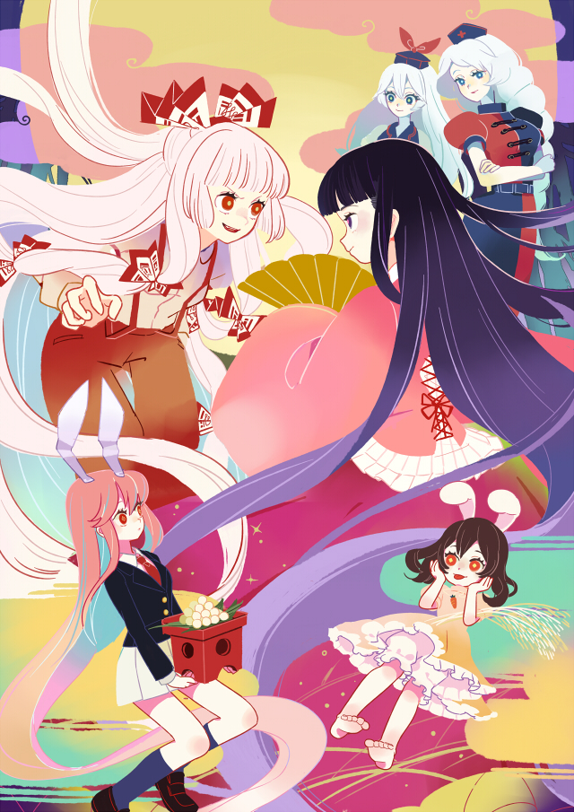6+girls, absurdly_long_hair, animal_ears, barefoot, black_hair, bloomers, blue_eyes, blue_legwear