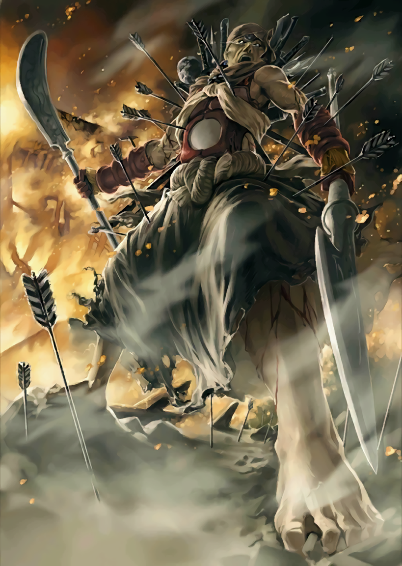 1boy, arrow_in_body, benkei, blood, burning_eyes, fate/grand_order, fate_(series), holding_weapon