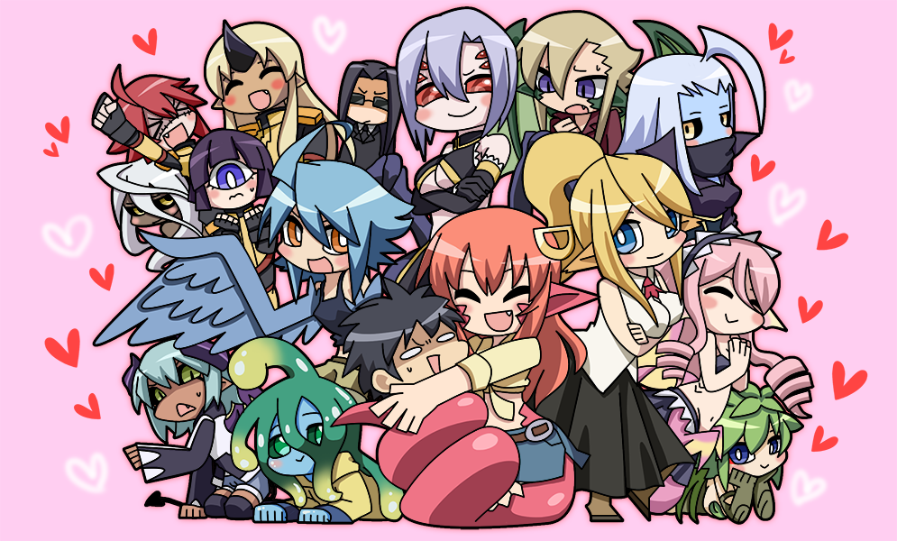 >_<, 1boy, 6+girls, :d, ahoge, animal_ears, aonoasuka, arachne, black_hair, black_sclera, blank_eyes, blonde_hair, blue_eyes, blue_hair, blue_skin, blue_wings, blush_stickers, breasts, centaur, centorea_shianus, chibi, closed_eyes, crossed_arms, cyclops, dark_skin, demon_girl, demon_horns, demon_tail, detached_sleeves, doppel_(monster_musume), doppelganger, draco_(monster_musume), dragon_girl, dragon_wings, drill_hair, dryad, dullahan, everyone, extra_eyes, fang, feathered_wings, fingerless_gloves, formal, gills, gloves, goo_girl, green_eyes, green_hair, hair_ornament, hairclip, harpy, head_fins, heart, hoodie, horn, horns, horse_ears, insect_girl, kii_(monster_musume), kurusu_kimihito, lala_(monster_musume), lamia, lavender_hair, lilith_(monster_musume), long_hair, maid_headdress, manako, mermaid, meroune_lorelei, miia_(monster_musume), monster_girl, monster_musume_no_iru_nichijou, ms._smith, multiple_girls, navel, necktie, ogre, one-eyed, open_mouth, orange_eyes, papi_(monster_musume), pink_background, pink_hair, plant_girl, pointy_ears, purple_hair, rachnera_arachnera, raincoat, red_eyes, redhead, scales, scarf, shirt, short_hair, slit_pupils, smile, snake_bondage, spider_girl, stitches, suit, sunglasses, suu_(monster_musume), sweatdrop, tail, tentacle_hair, tied_shirt, tionishia, under_boob, uniform, violet_eyes, white_hair, wings, yellow_eyes, zombie, zombina