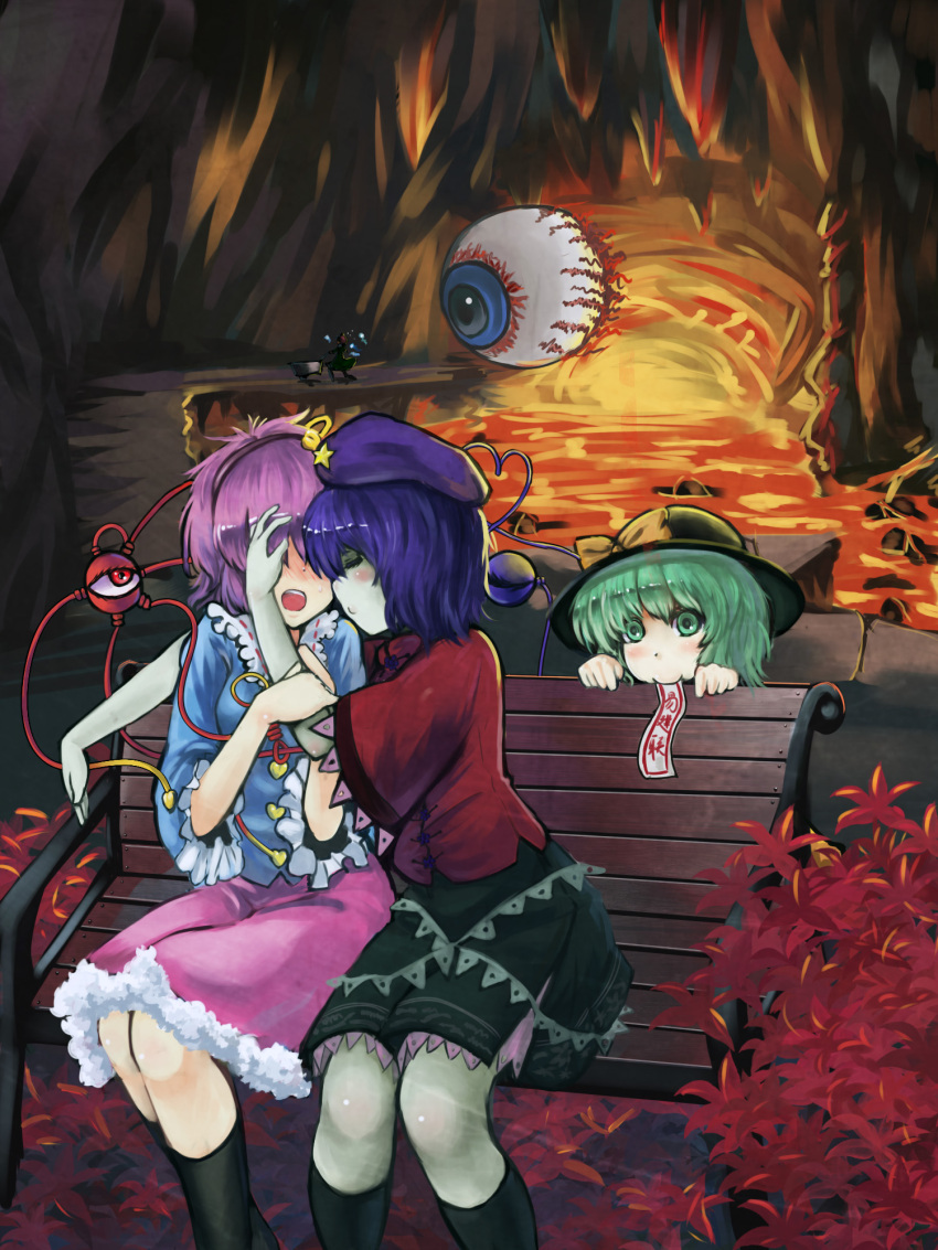 animal_ears, bench, blue_hair, blush, braid, cat_ears, commentary_request, crossover