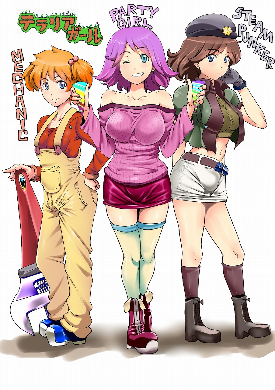 3girls, bangs, bare_shoulders, blue_eyes, blush, breasts, brown_hair, cholesenel