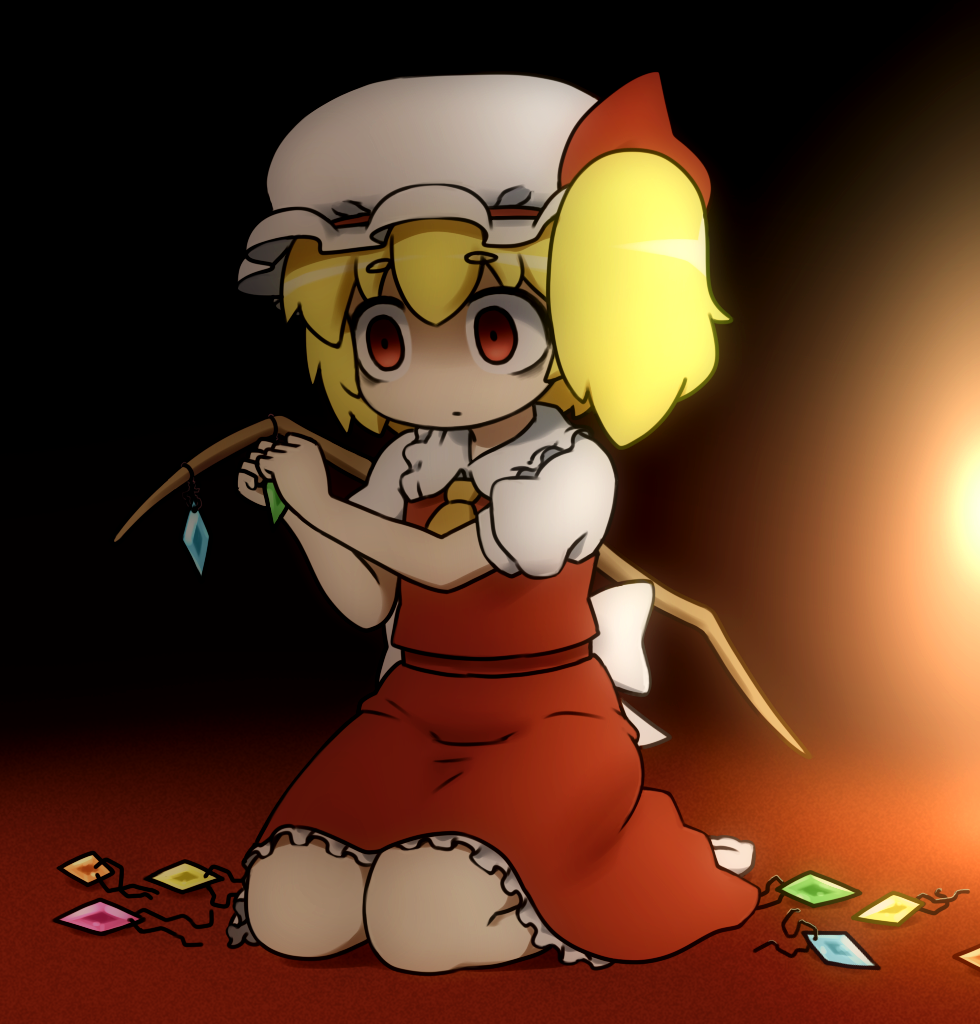 1girl, ascot, assembling, bags_under_eyes, blonde_hair, commentary_request, darkness, dress