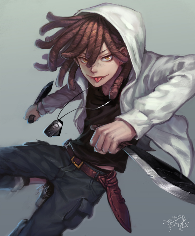 1boy, :p, belt, black_shirt, brown_eyes, brown_hair, dagger, dog_tags
