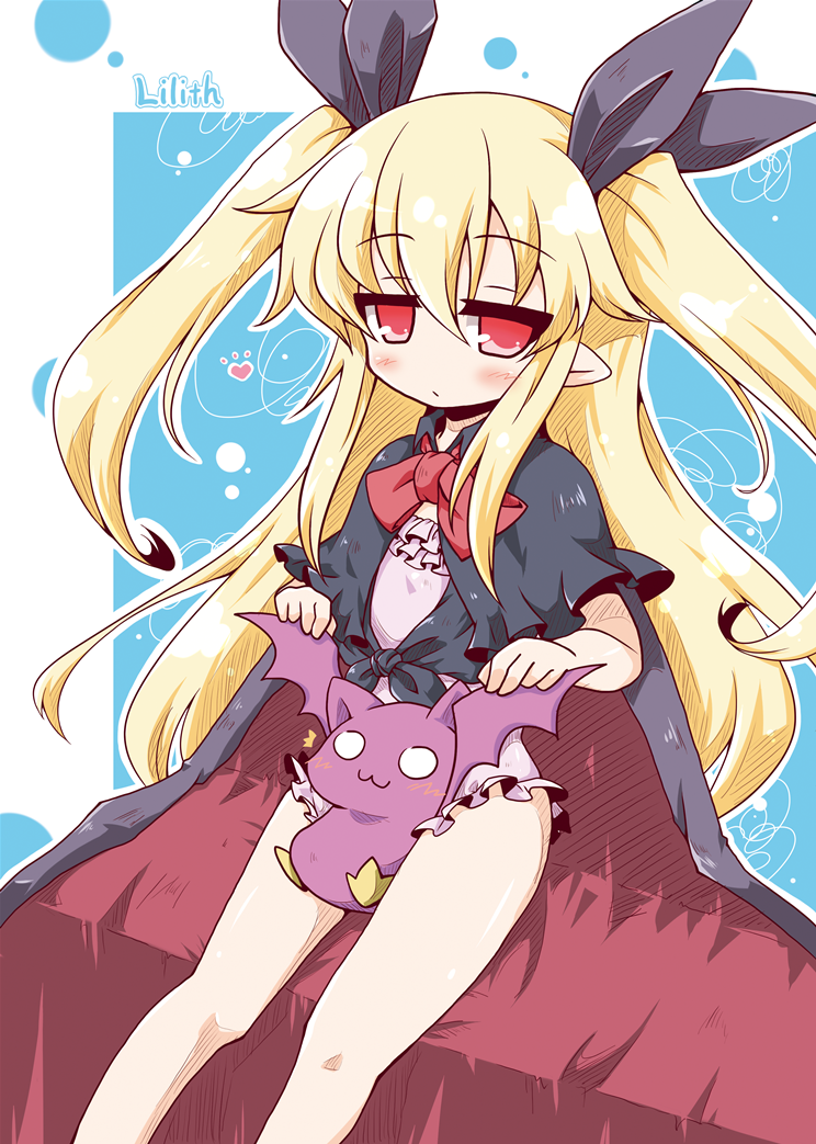 1girl, bare_legs, between_legs, blonde_hair, borrowed_character, cape, character_name, doll