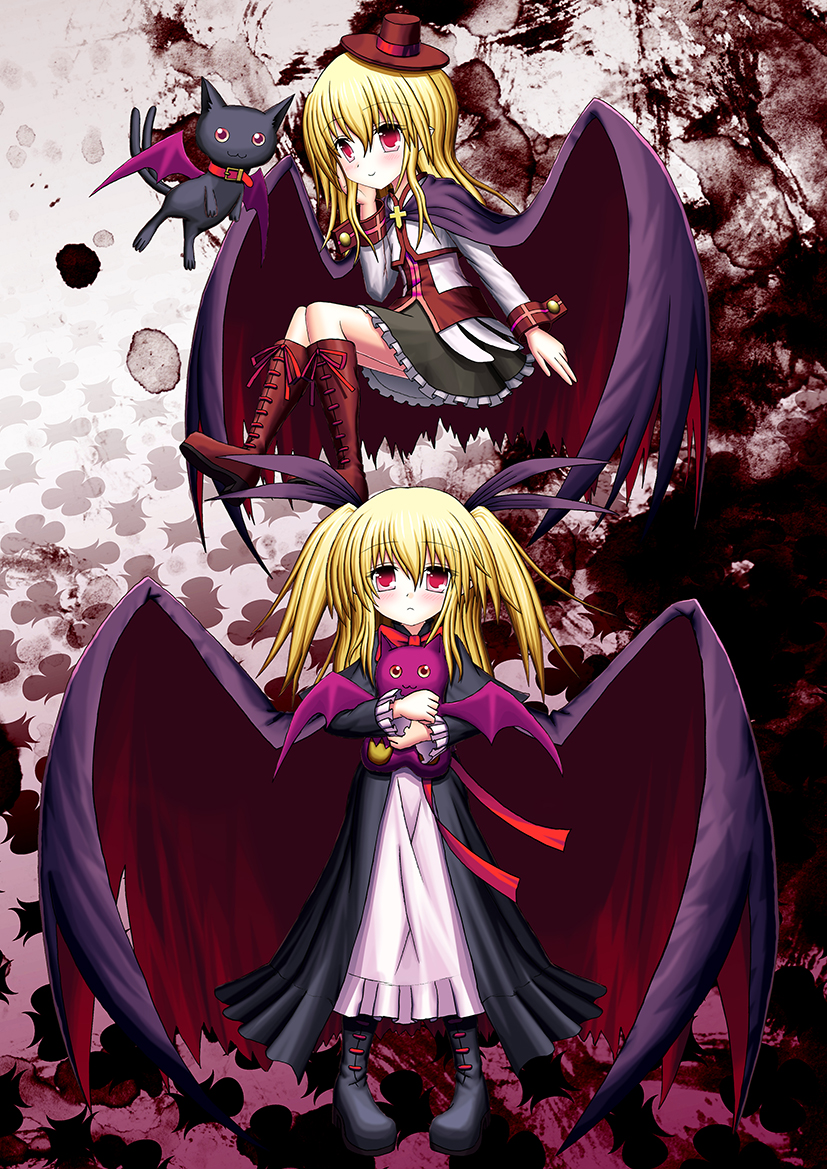 2girls, animal, animal_hug, bat_wings, blonde_hair, boots, cape, cat