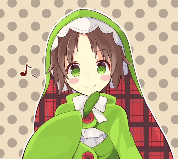 1girl, blush_stickers, brown_hair, chamot_rosso, green_clothes, green_eyes, hood, looking_at_viewer