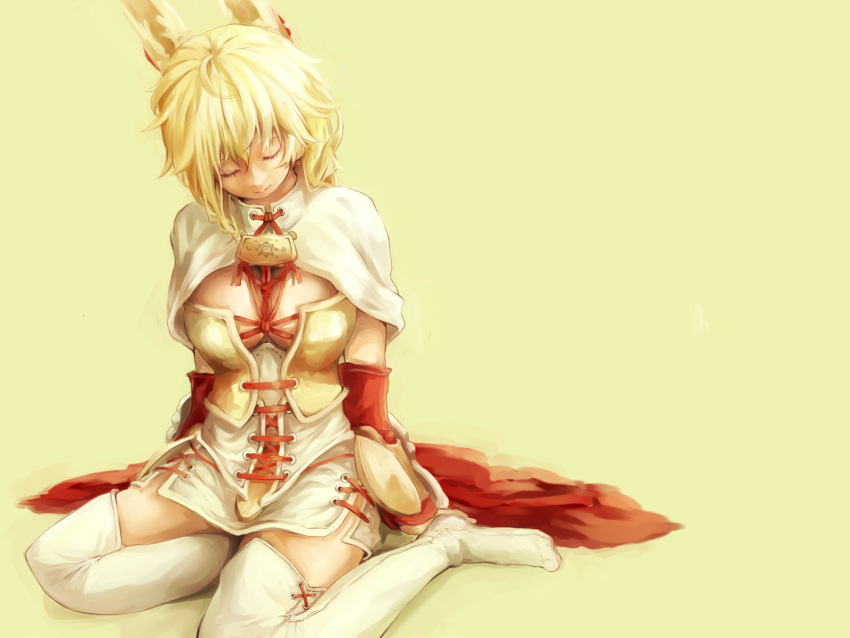 1girl, animal_ears, blonde_hair, boots, breasts, capelet, cleavage, closed_eyes, highres, looking_down, minase_hal, nachetanya_loei_piena_augustra, rabbit_ears, rokka_no_yuusha, sitting, solo, white_boots, white_legwear