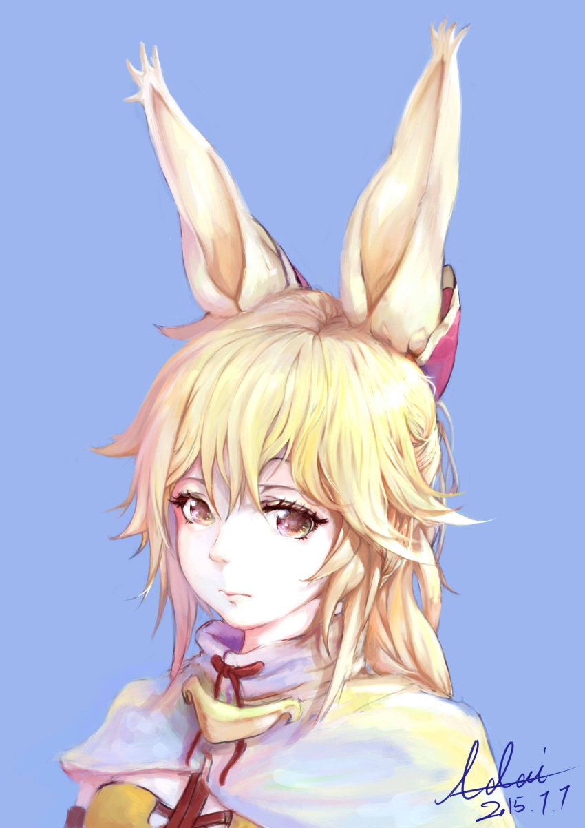 1girl, 2015, absurdres, adai, animal_ears, blonde_hair, blue_background, capelet, headshot, highres, looking_at_viewer, nachetanya_loei_piena_augustra, pink_eyes, rabbit_ears, rokka_no_yuusha, signature, solo