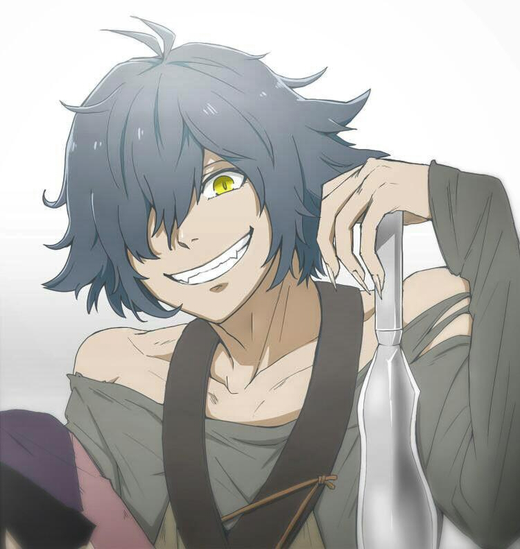1boy, bare_shoulders, blue_hair, grin, hans_humpty, knife, looking_at_viewer, mai-, one_eye_covered, rokka_no_yuusha, smile, solo, teeth, yellow_eyes